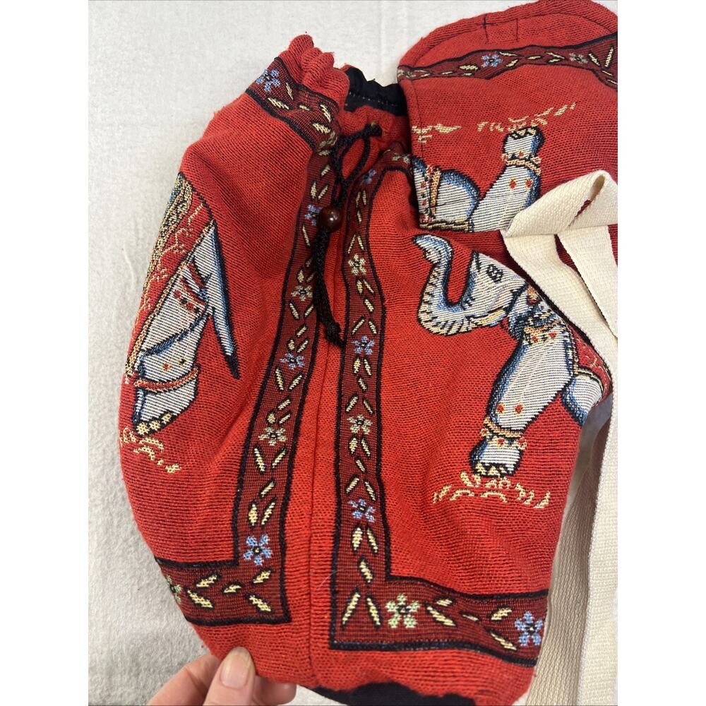 Canvas Backpack Elephant Pattern Adjustable Straps‎ Handmade Drawstrings, Red - Picture 4 of 9